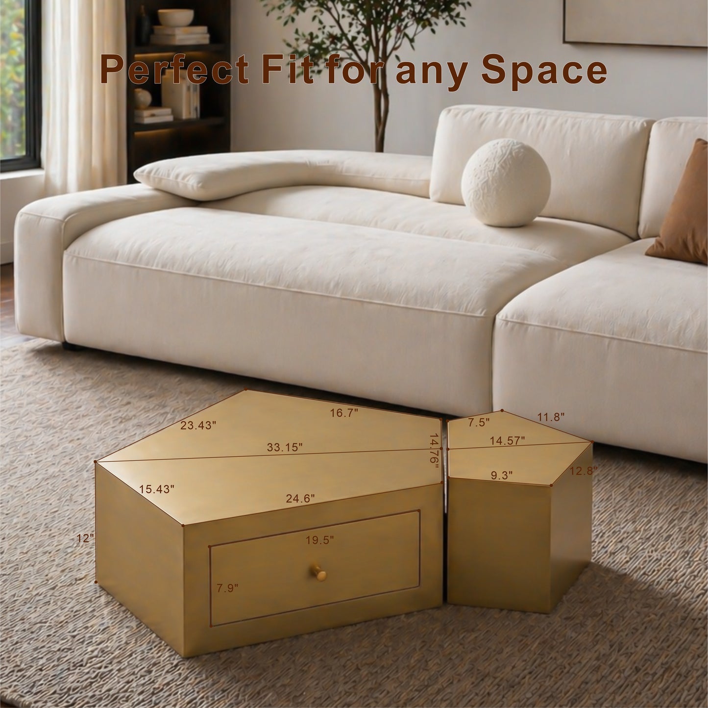 Brushed Brass Pentagon Modular Nesting Coffee Table Set