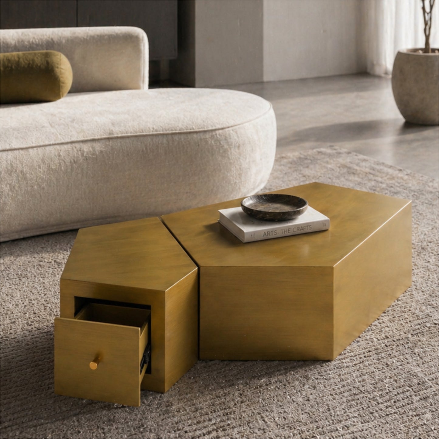 Brushed Brass Pentagon Modular Nesting Coffee Table Set