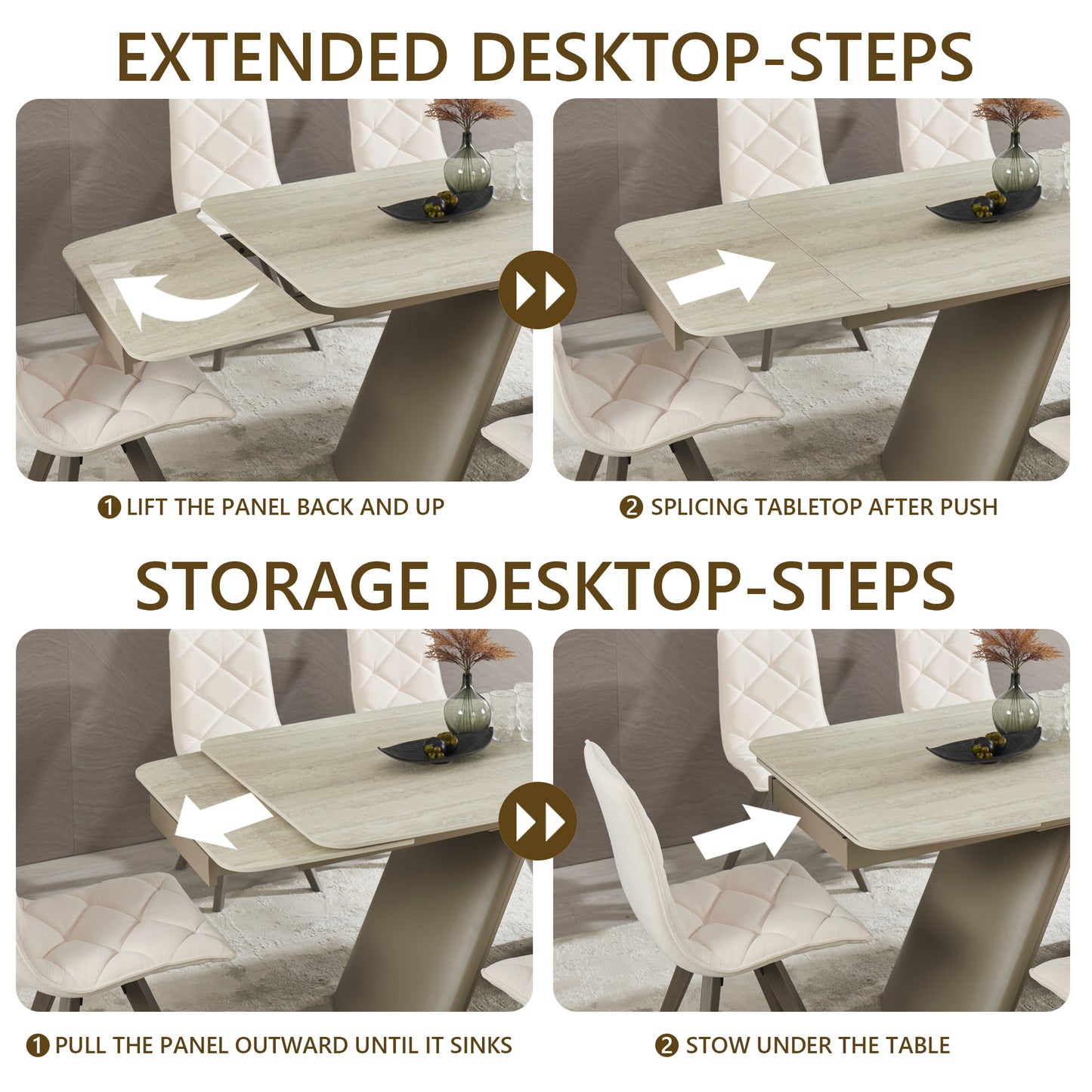 Retractable Imitation Sintered stone Table Expandable 63" to 94.48" ， Heavy Duty Carbon Steel Base