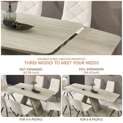 Retractable Imitation Sintered stone Table Expandable 63" to 94.48" ， Heavy Duty Carbon Steel Base
