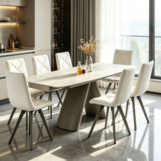 Retractable Imitation Sintered stone Table Expandable 63" to 94.48" ， Heavy Duty Carbon Steel Base