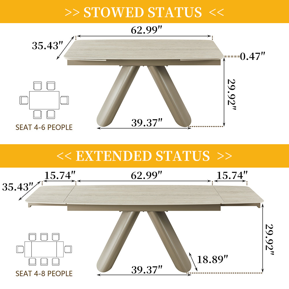 Retractable Imitation Sintered stone Table Expandable 63" to 94.48" ， Heavy Duty Carbon Steel Base