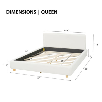 Off-White Fabric Bed Frame Wide Headboard Wood Slats Modern Villa Rounded Edges