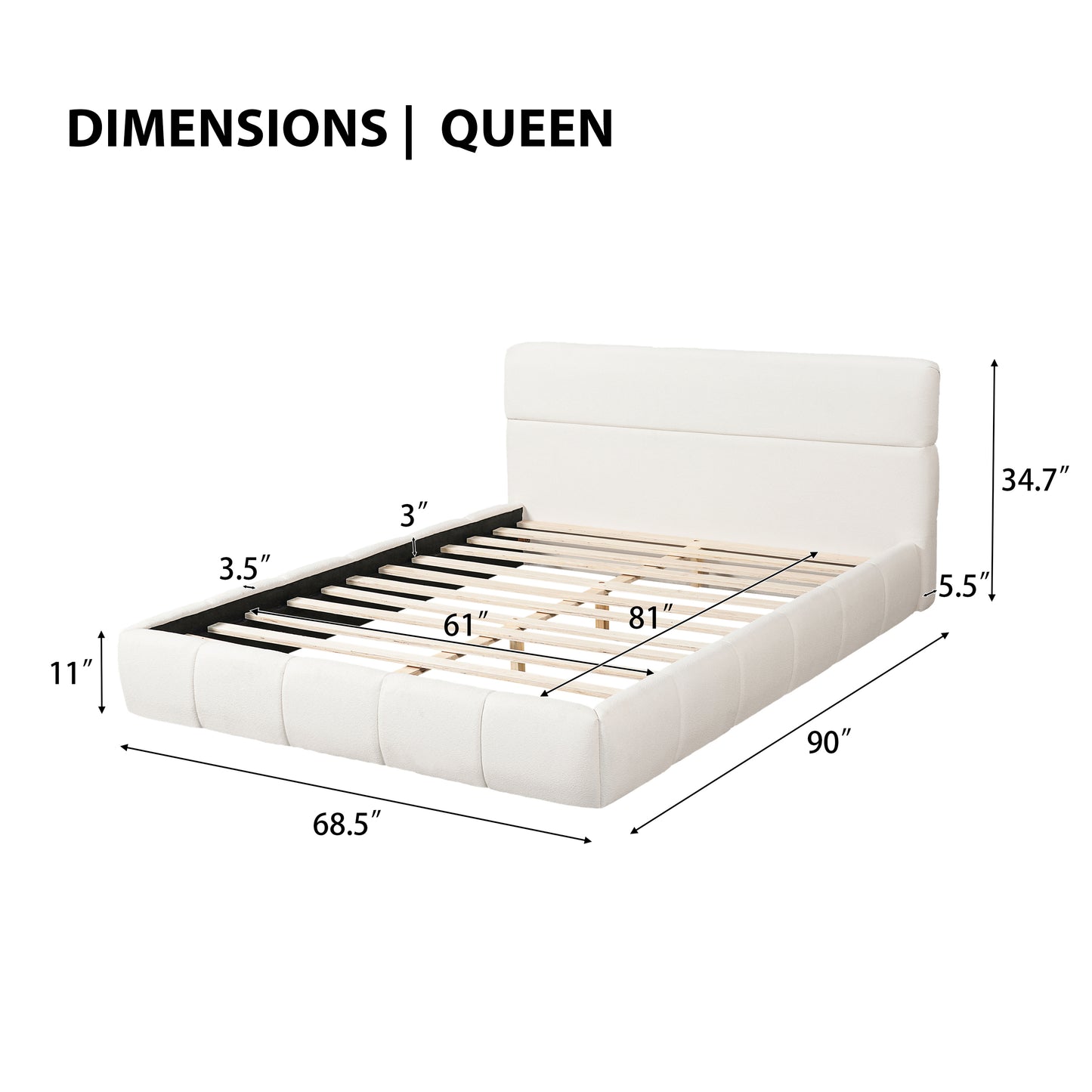 Boucle Puff Segmented Bed Double Headboard Cloud Style Wood Slats Cream Minimalist Assembly