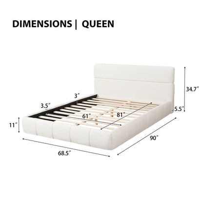 Boucle Puff Segmented Bed Double Headboard Cloud Style Wood Slats Cream Minimalist Assembly