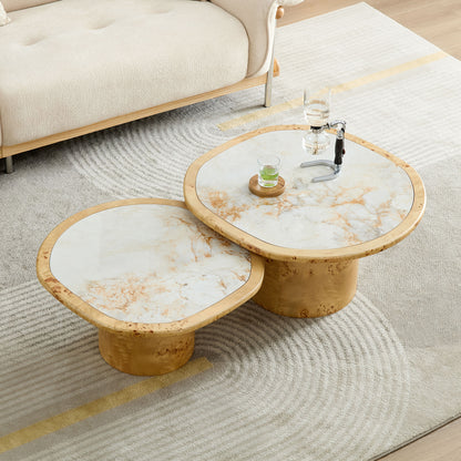 2-Piece Nesting Golden Stone Top Burl Base Cream Wabi-Sabi Living Coffee Table