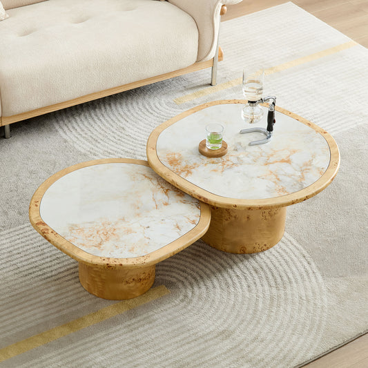 2-Piece Nesting Golden Stone Top Burl Base Cream Wabi-Sabi Living Coffee Table