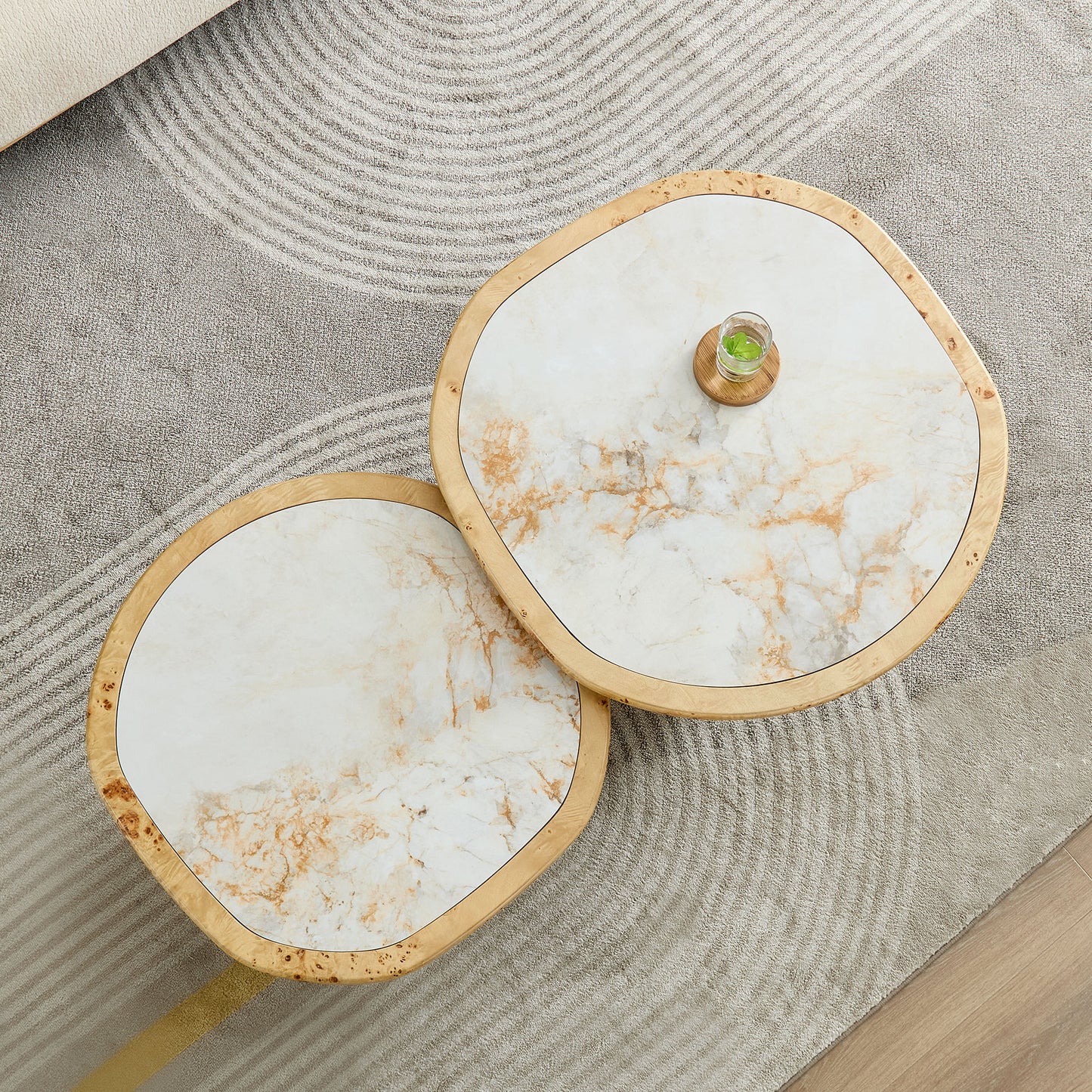 2-Piece Nesting Golden Stone Top Burl Base Cream Wabi-Sabi Living Coffee Table