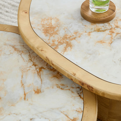 2-Piece Nesting Golden Stone Top Burl Base Cream Wabi-Sabi Living Coffee Table