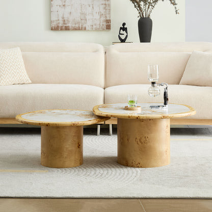 2-Piece Nesting Golden Stone Top Burl Base Cream Wabi-Sabi Living Coffee Table