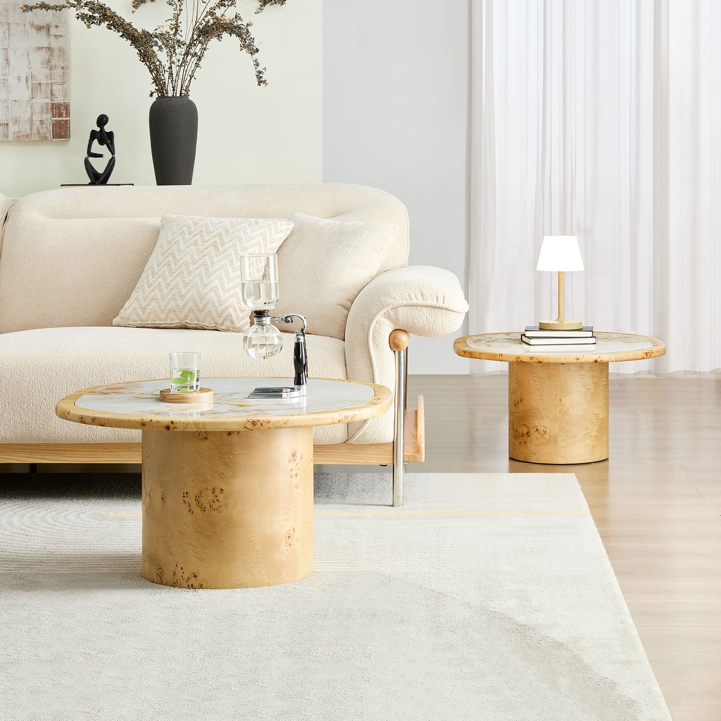 2-Piece Nesting Golden Stone Top Burl Base Cream Wabi-Sabi Living Coffee Table