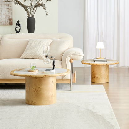 2-Piece Nesting Golden Stone Top Burl Base Cream Wabi-Sabi Living Coffee Table