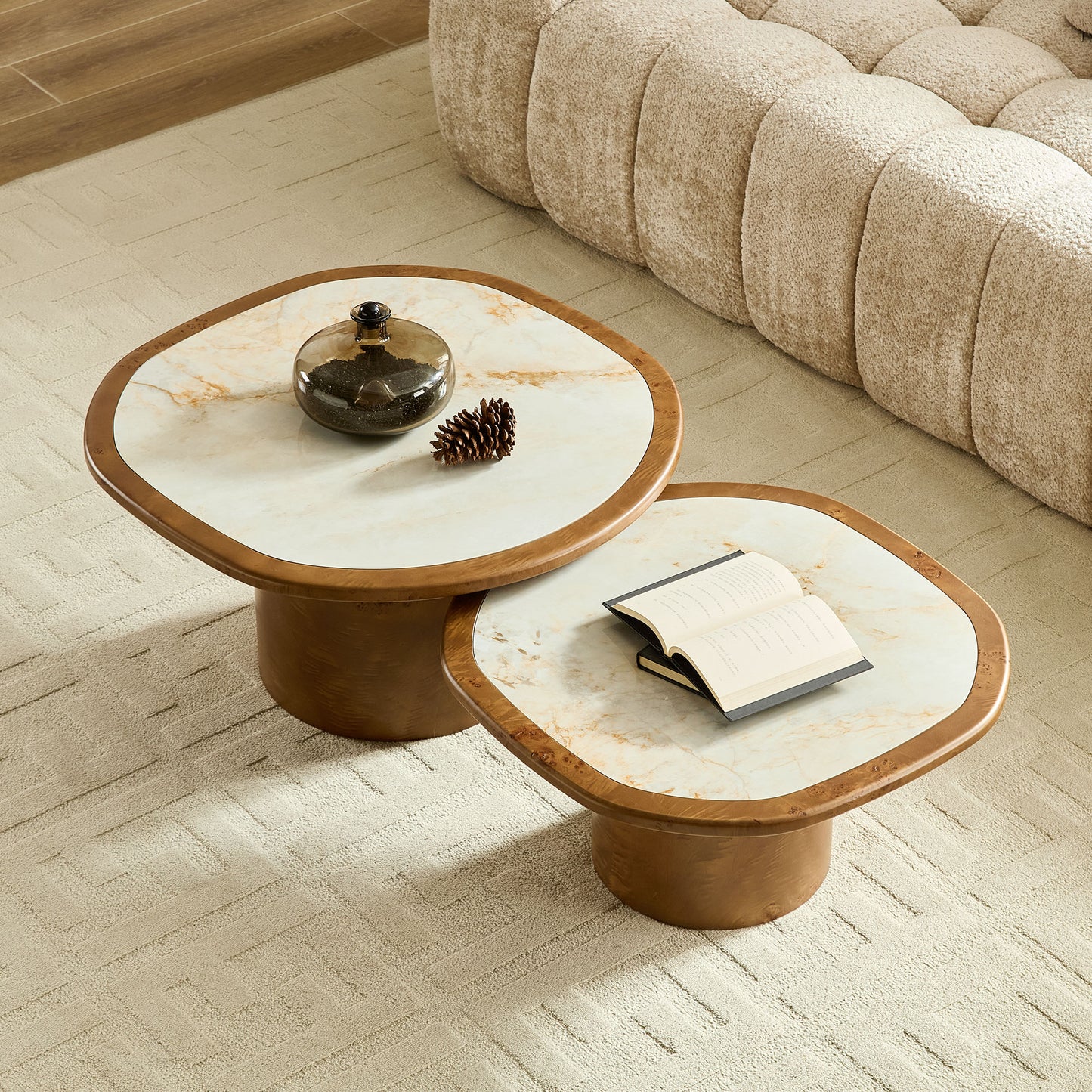 2-Piece Nesting Golden Stone Top Burl Base Cream Wabi-Sabi Living Coffee Table