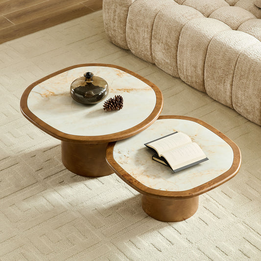 2-Piece Nesting Golden Stone Top Burl Base Cream Wabi-Sabi Living Coffee Table