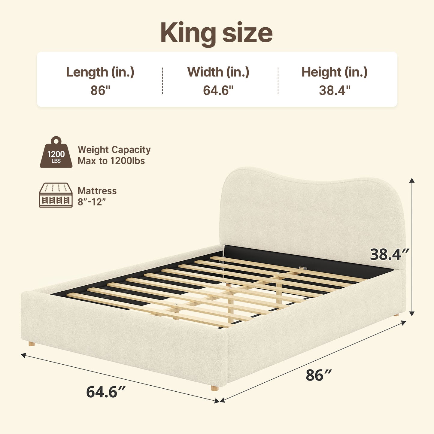 Wave-Arch Integrated Teddy Velvet High-Weight King Bed