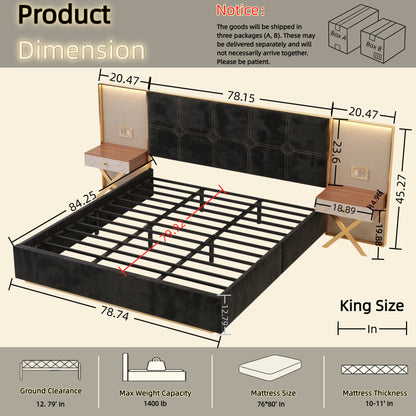 Wide Floor Upholstered Velvet Bed with Side LED Ambient Lighting