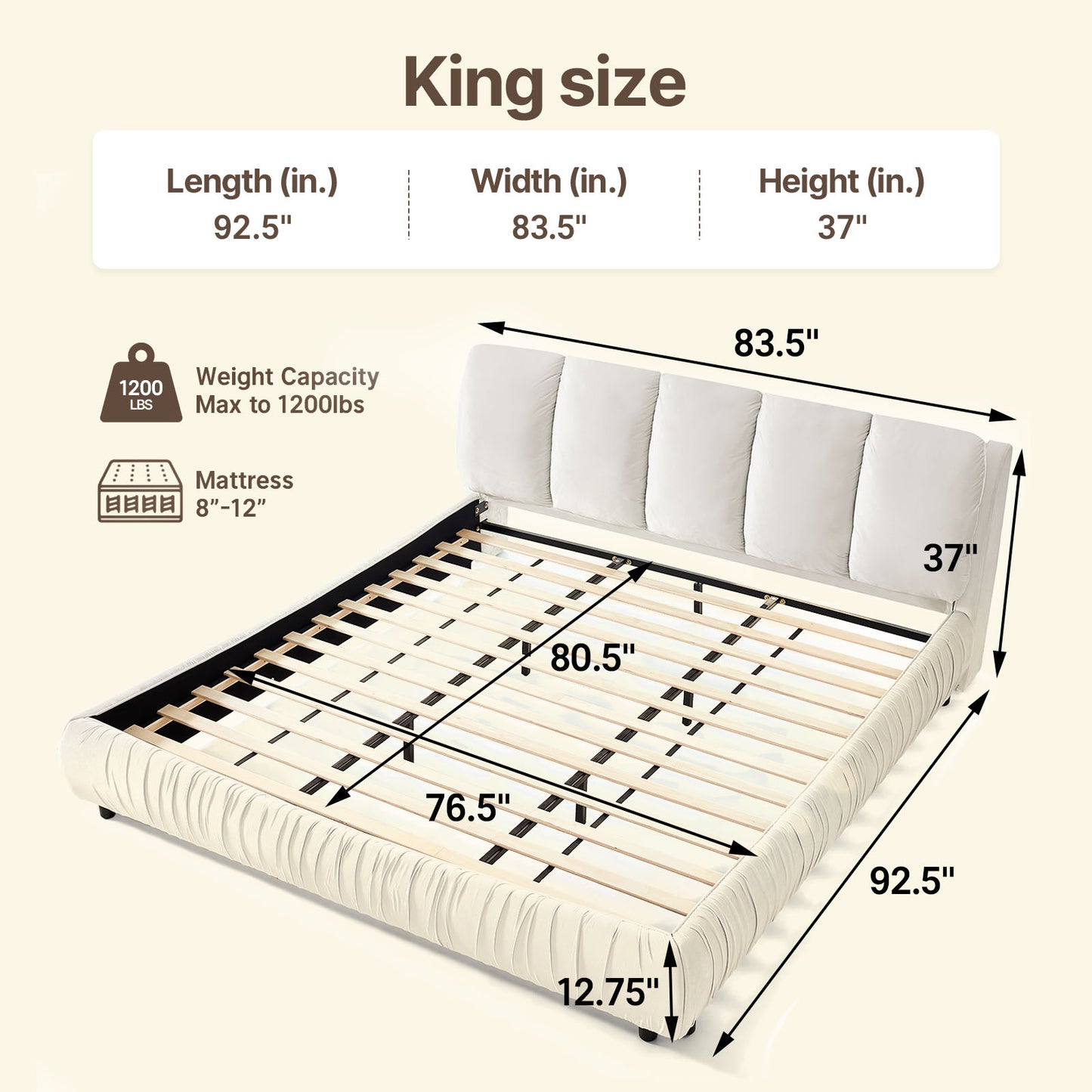 Low Profile Cloud Chenille Bed Non-Slip Slats Wabi-Sabi Apartment Skin-Safe Assembly