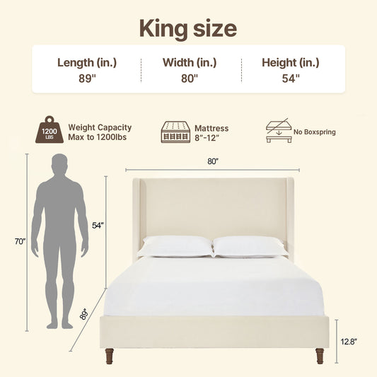 54" Wingback Bouclé Loop-Yarn High-Headboard King Bed