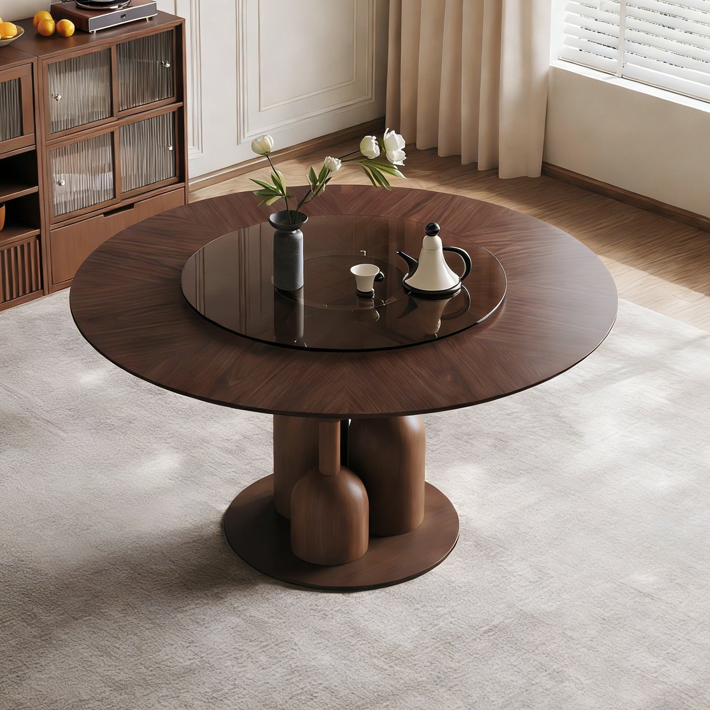 59-inch Natural Oak Wabi-Sabi Round Dining Table with 35-inch Tempered Glass Lazy Susan