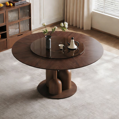 59-inch Natural Oak Wabi-Sabi Round Dining Table with 35-inch Tempered Glass Lazy Susan