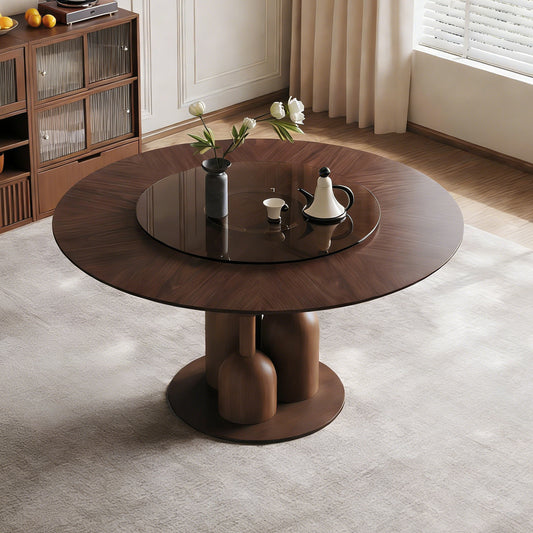 59-Inch Walnut Brown Wabi-Sabi Round Dining Table with 35-Inch Tempered Glass Lazy Susan