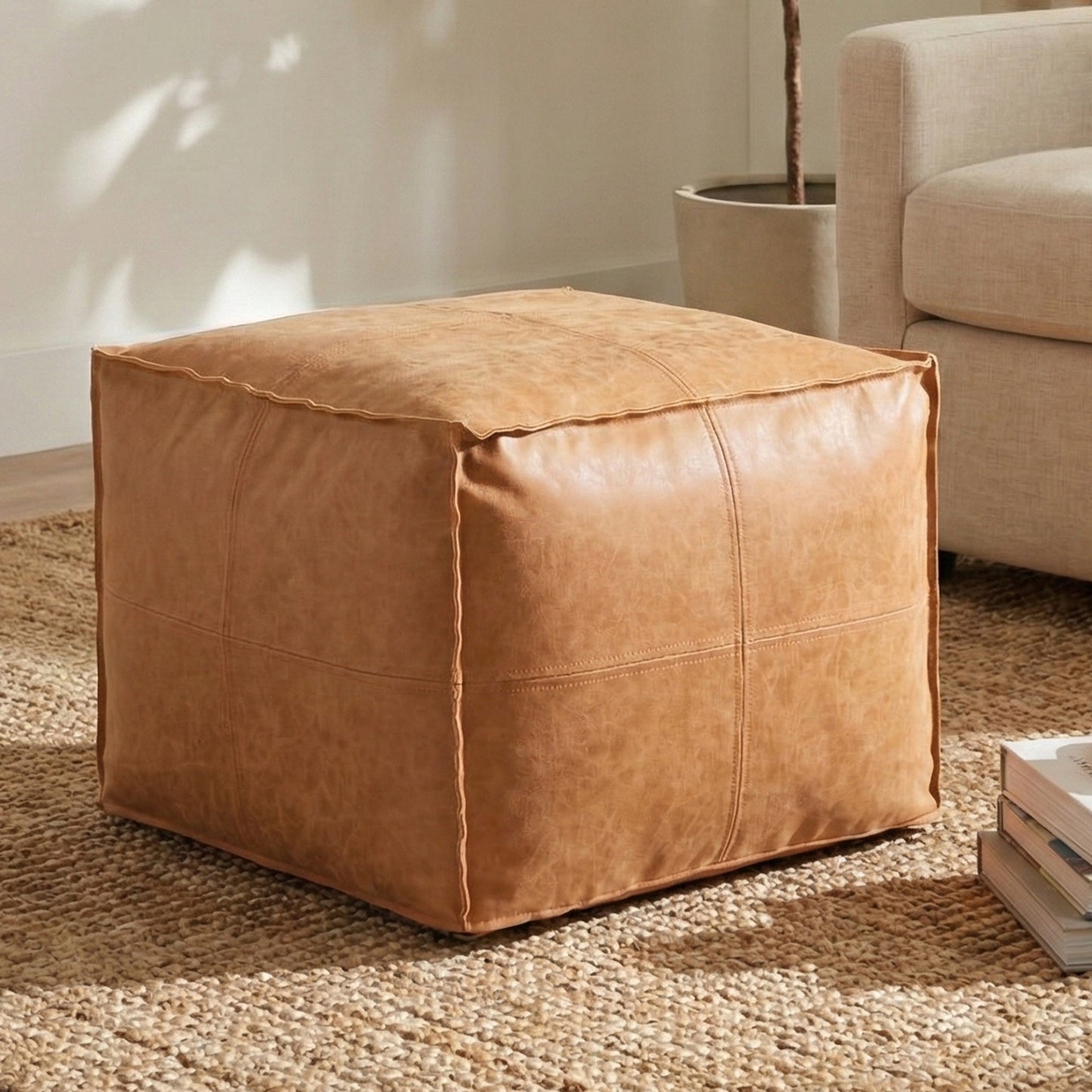 4-Segment Stitched Vintage Ottoman｜Faux Leather Stool – Sit/Footrest, Entryway Shoe Bench