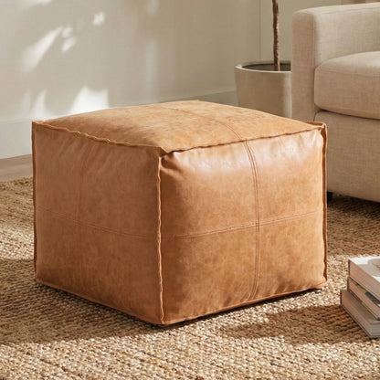 4-Segment Stitched Vintage Ottoman｜Faux Leather Stool – Sit/Footrest, Entryway Shoe Bench