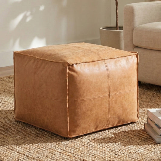 4-Segment Stitched Vintage Ottoman｜Faux Leather Stool – Sit/Footrest, Entryway Shoe Bench