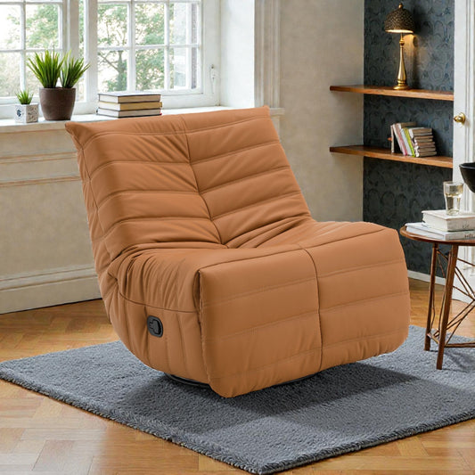 360° Swivel Flat-Recline｜39×32×36" Caramel Faux Leather, Quilted Thick – Living/Study/Gaming