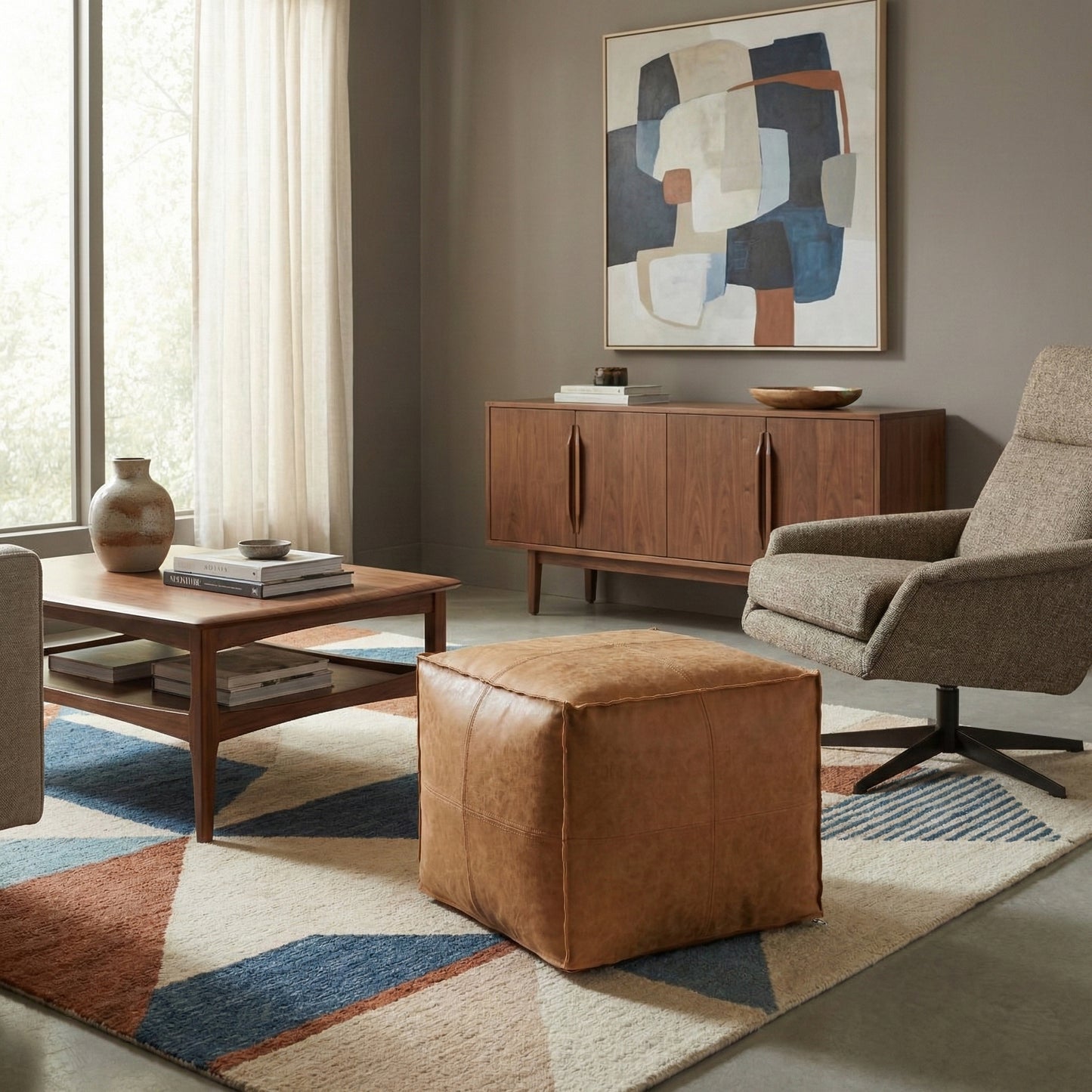 4-Segment Stitched Vintage Ottoman｜Faux Leather Stool – Sit/Footrest, Entryway Shoe Bench