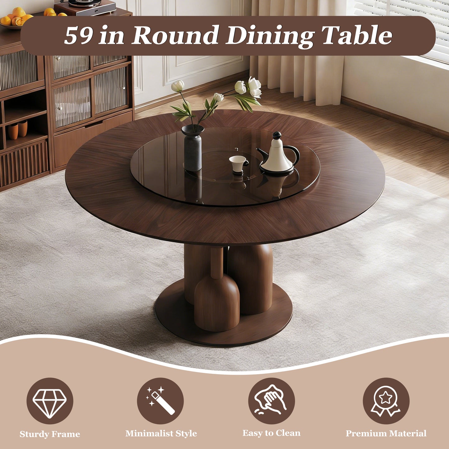59-inch Natural Oak Wabi-Sabi Round Dining Table with 35-inch Tempered Glass Lazy Susan