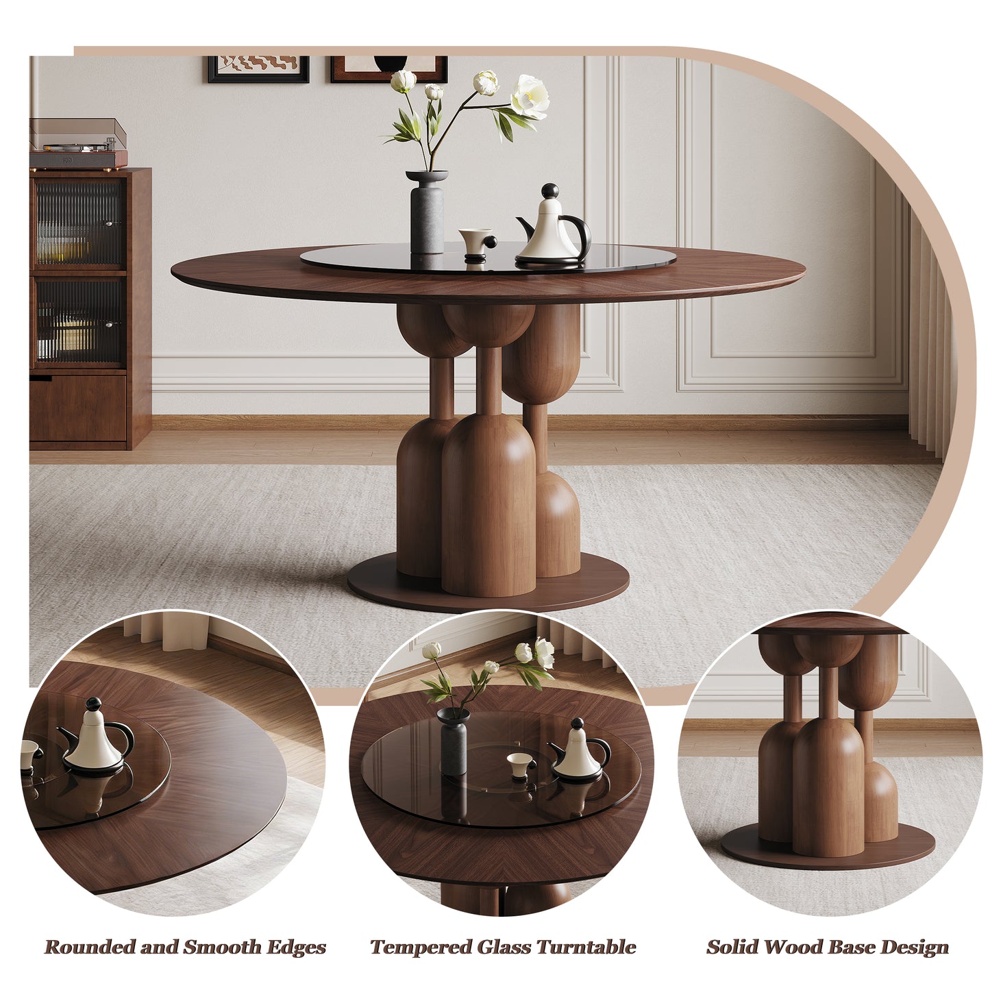59-inch Natural Oak Wabi-Sabi Round Dining Table with 35-inch Tempered Glass Lazy Susan