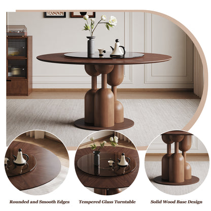 59-inch Natural Oak Wabi-Sabi Round Dining Table with 35-inch Tempered Glass Lazy Susan
