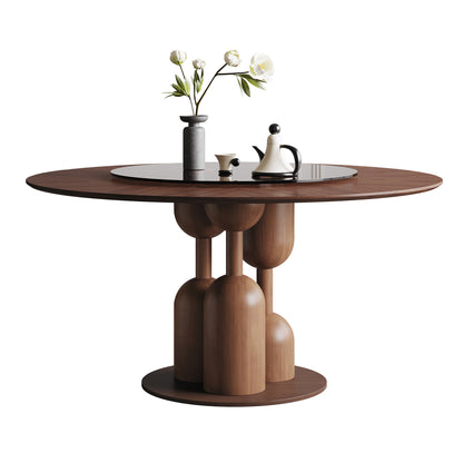 59-inch Natural Oak Wabi-Sabi Round Dining Table with 35-inch Tempered Glass Lazy Susan