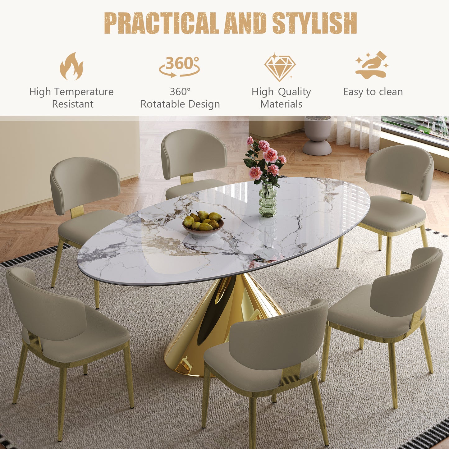 71" Modern Luxury Marble Dining Table  with Gold Stainless Steel Base