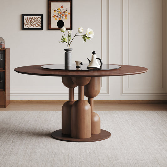 59-Inch Walnut Brown Wabi-Sabi Round Dining Table with 35-Inch Tempered Glass Lazy Susan