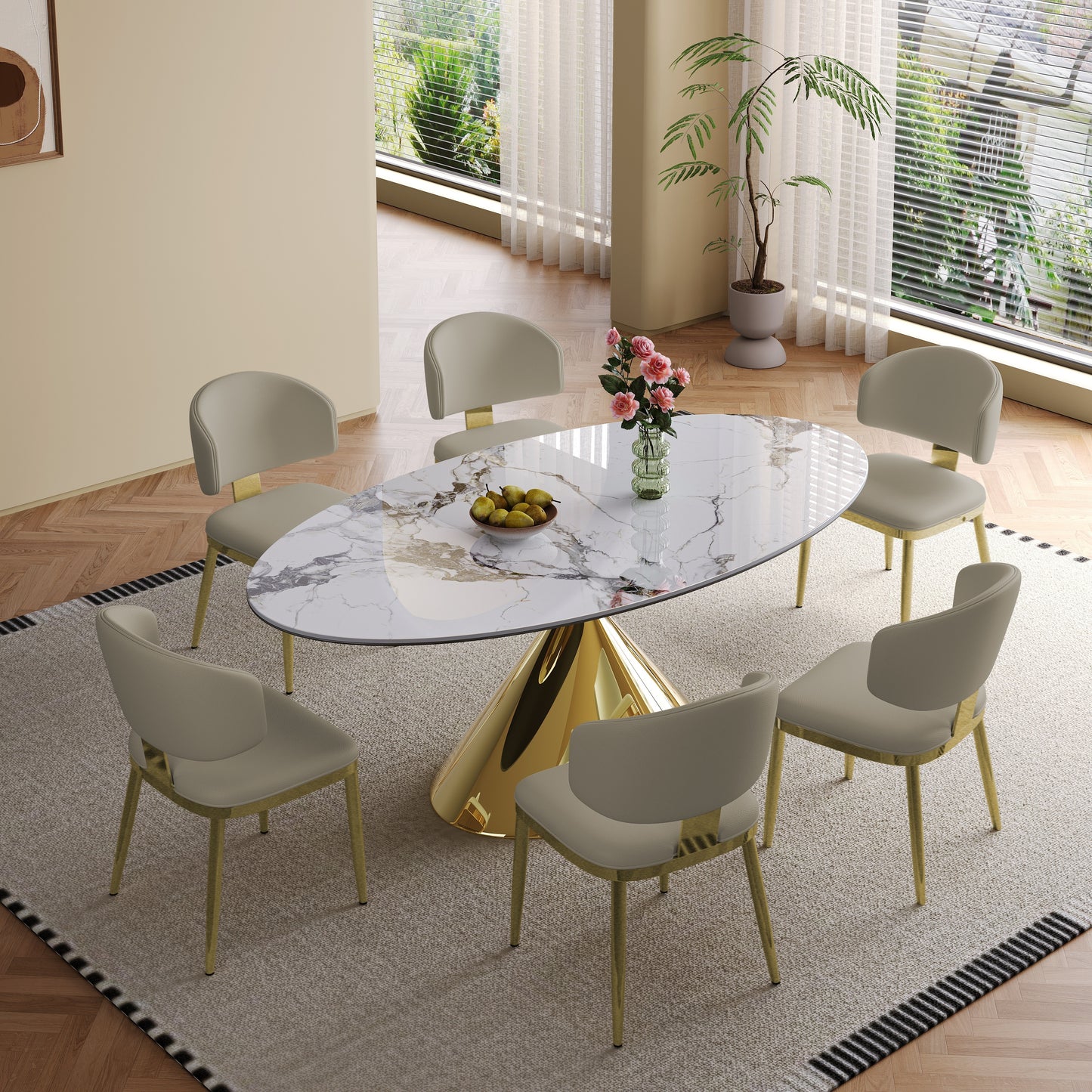 71" Modern Luxury Marble Dining Table  with Gold Stainless Steel Base
