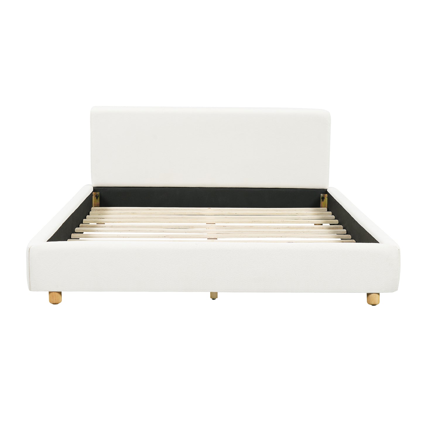 Off-White Fabric Bed Frame Wide Headboard Wood Slats Modern Villa Rounded Edges