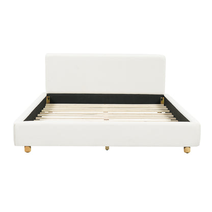 Off-White Fabric Bed Frame Wide Headboard Wood Slats Modern Villa Rounded Edges