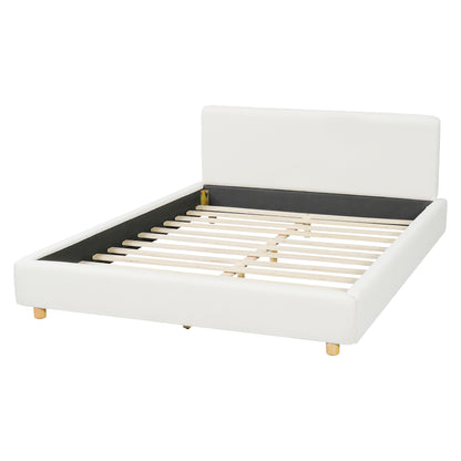 Off-White Fabric Bed Frame Wide Headboard Wood Slats Modern Villa Rounded Edges
