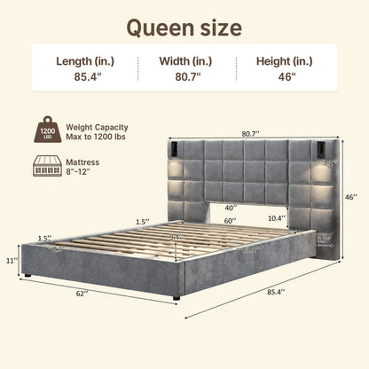USB-Light Tufted Grey Velvet Upholstered Queen Bed