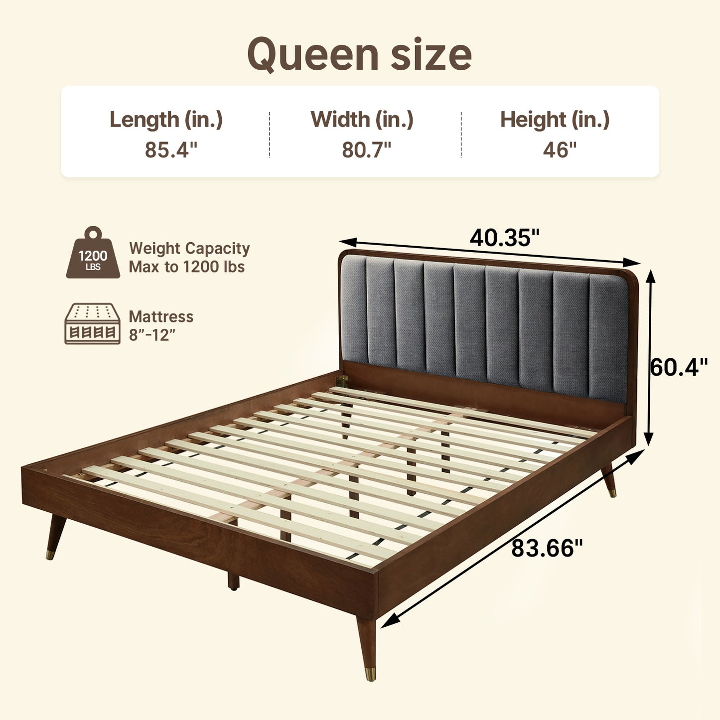 Vertical Tufted Fabric Walnut Wood Gold-Leg Queen Bed