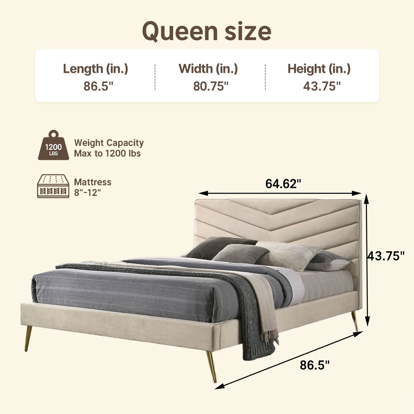 1200LBS Silent Solid Slats Double Platform Bed