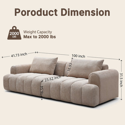 100-Inch Beige Vertical Stitching 3-Seater Sofa, Modern Bouclé Upholstered Sofa, Equipped with 2 Throw Pillows and a 2000-Pound Load-Bearing Wooden Frame