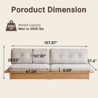 107.87" Natural Solid Wood Frame 3-Seater Modular Sofa, Cream Tufted Linen Floor Cushion Couch, Low Profile Japandi Sofa Max 2000 LBS for Living Room