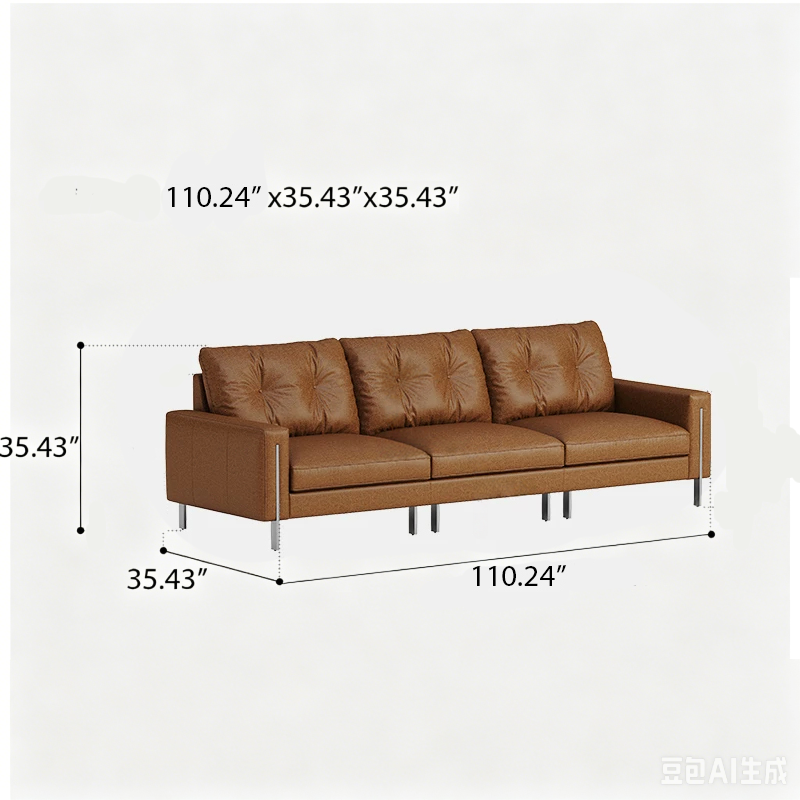 Faux Leather Sofa 110.24" for Three, Simple and Fashionable Design, Solid Wood Frame with Metal Legs, for Modern Living Room, Bedroom, Office, Brown