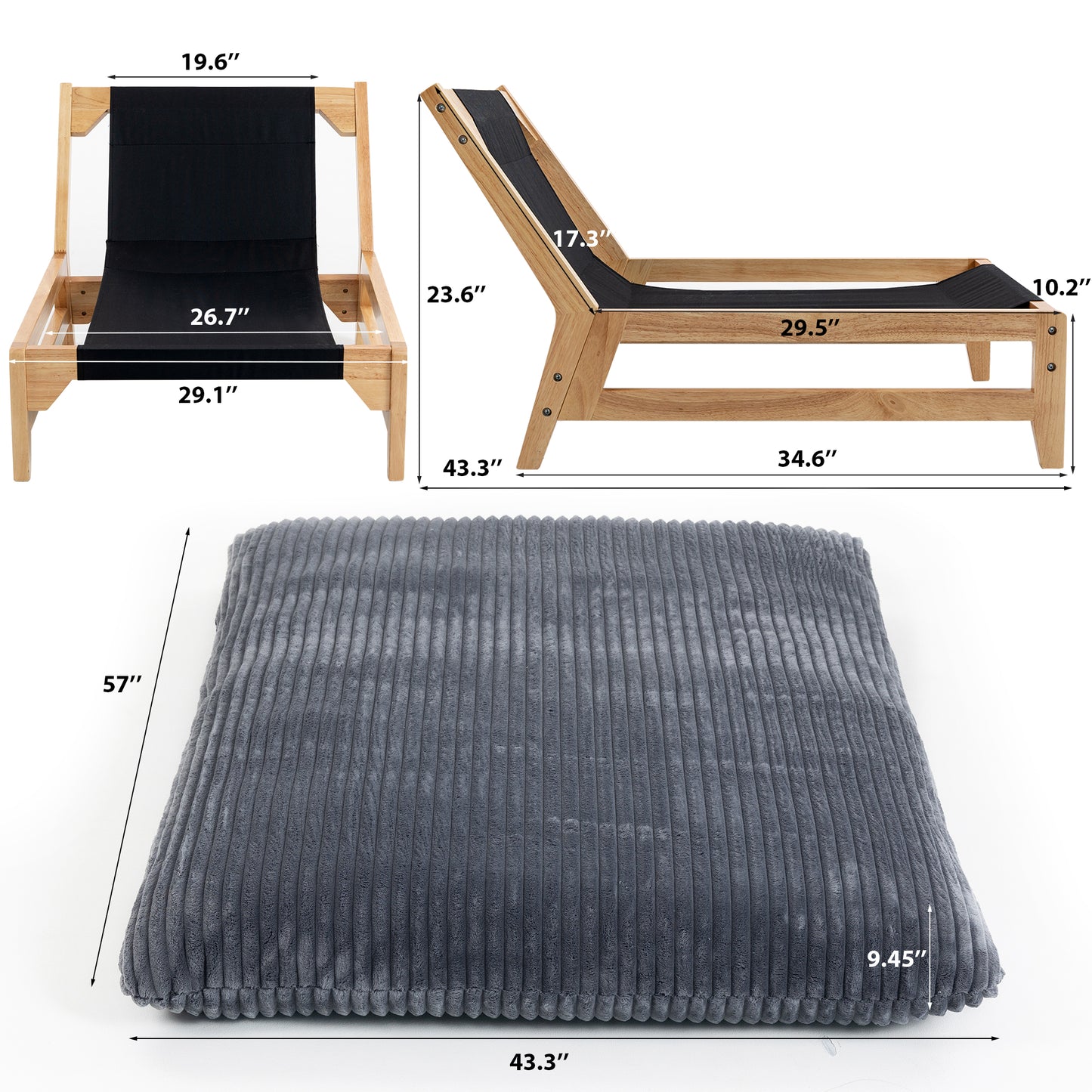 Oversized Corduroy Chaise Lounge with Solid Wood Base (Fixed Style) | 43.3″×57″ Daybed Chair for Balcony & Bedroom