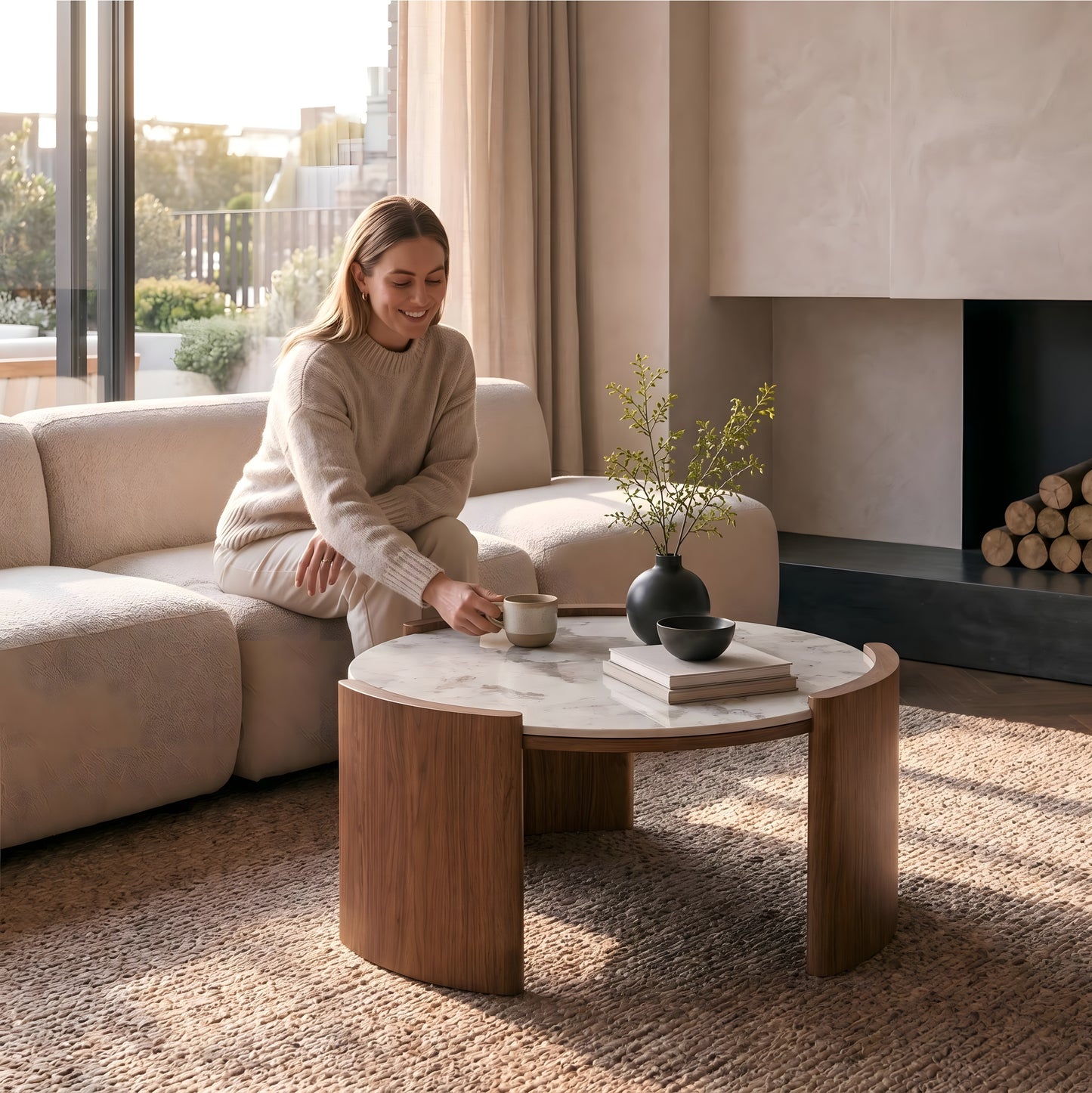 Curved 3-Leg Round Coffee Table｜31.5" Stone or Glass Top – Easy Clean Modern Living Table