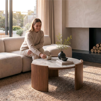 Curved 3-Leg Round Coffee Table｜31.5" Stone or Glass Top – Easy Clean Modern Living Table