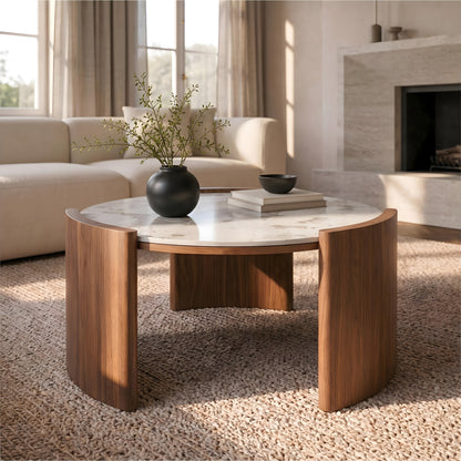 Curved 3-Leg Round Coffee Table｜31.5" Stone or Glass Top – Easy Clean Modern Living Table